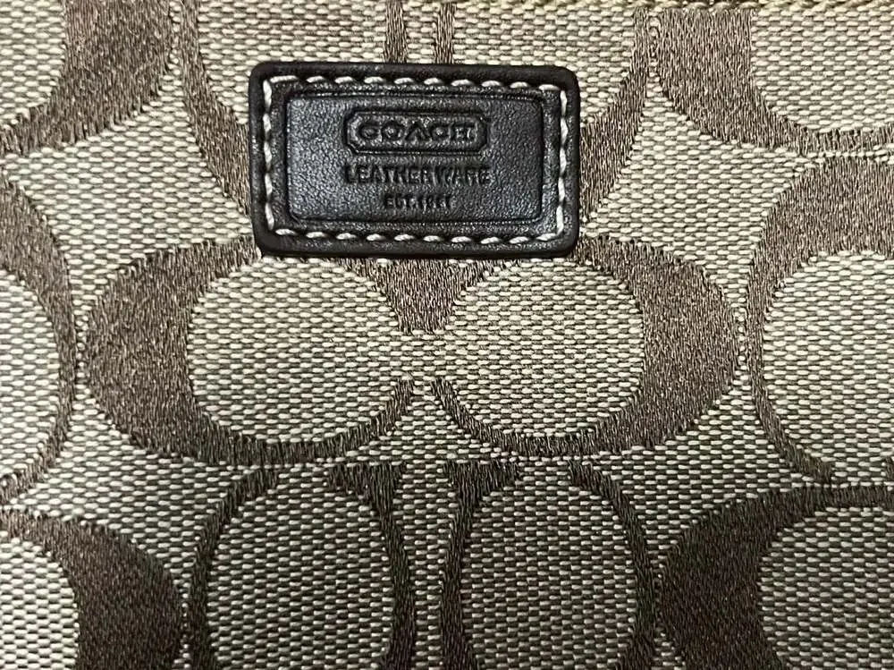 Coach Signature Canvas Monogram Wristlet Pouch with Brown Leather Trim